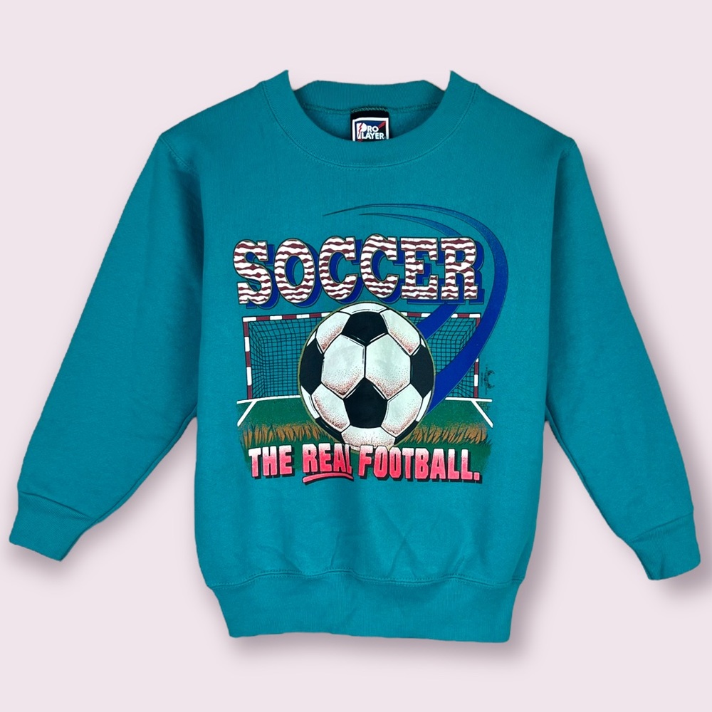 Vintage 90s Pro Player “Soccer the Real Football” Sweatshirt Sz 10-12 Teal VGC